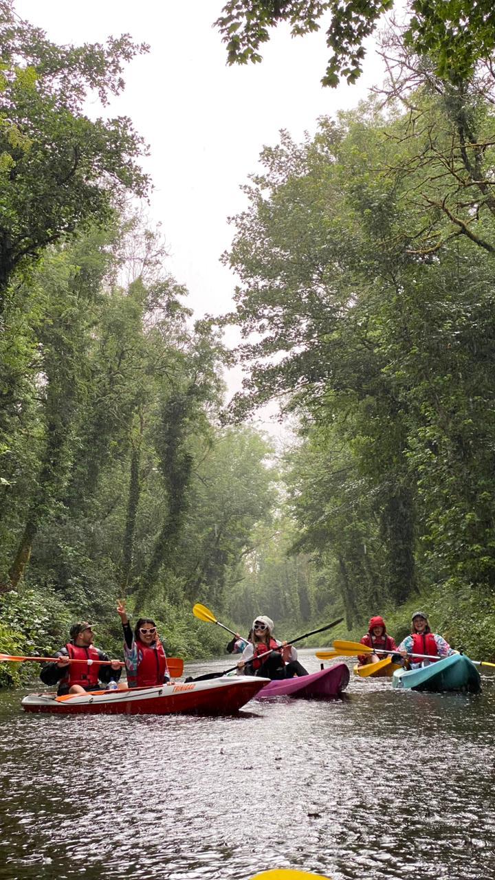 Two people kayaking in a double kayak